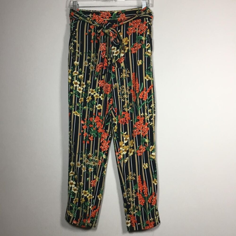Zara multicoloured floral print trousers with tie waist 28” Size S